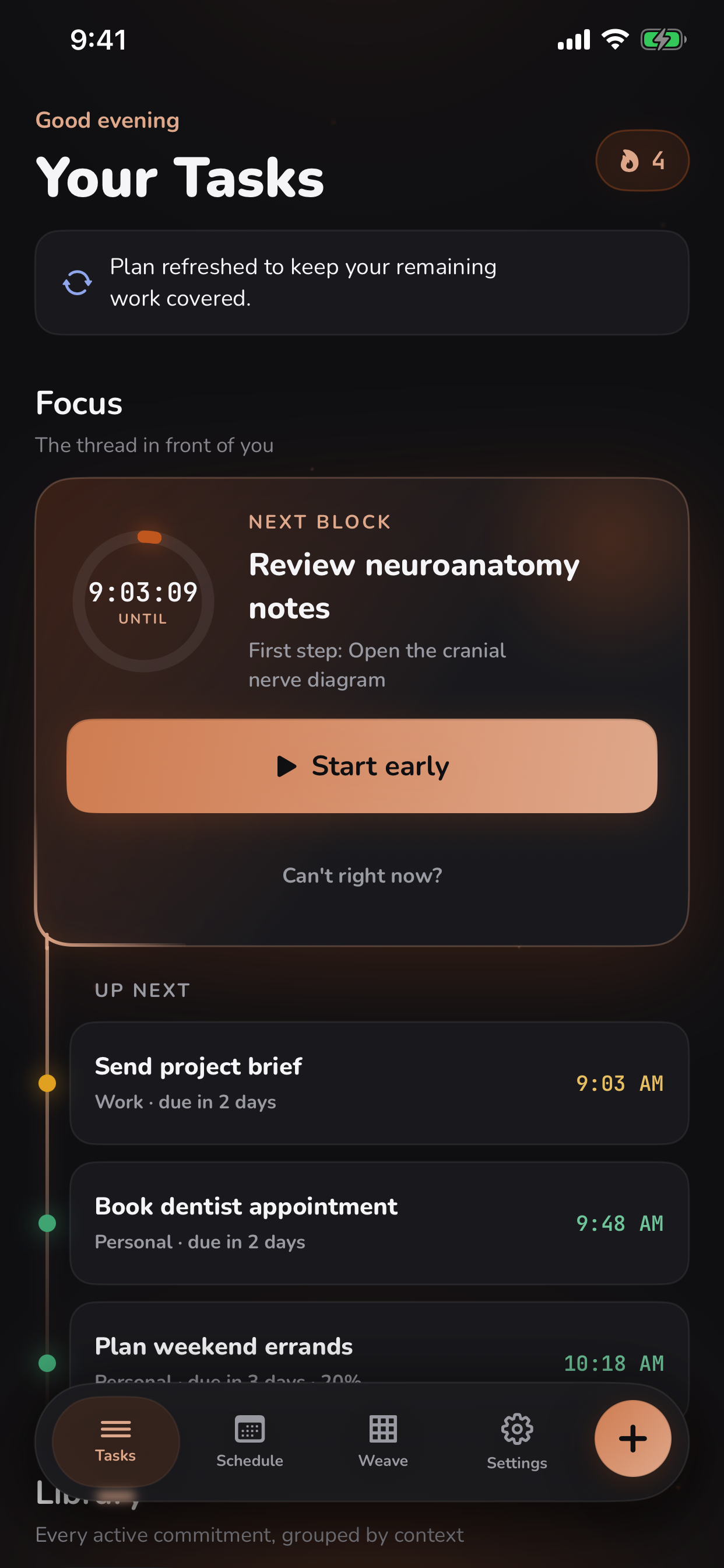 Filuma’s Focus card shows a block to review neuroanatomy notes, the first step, and a Start early button.