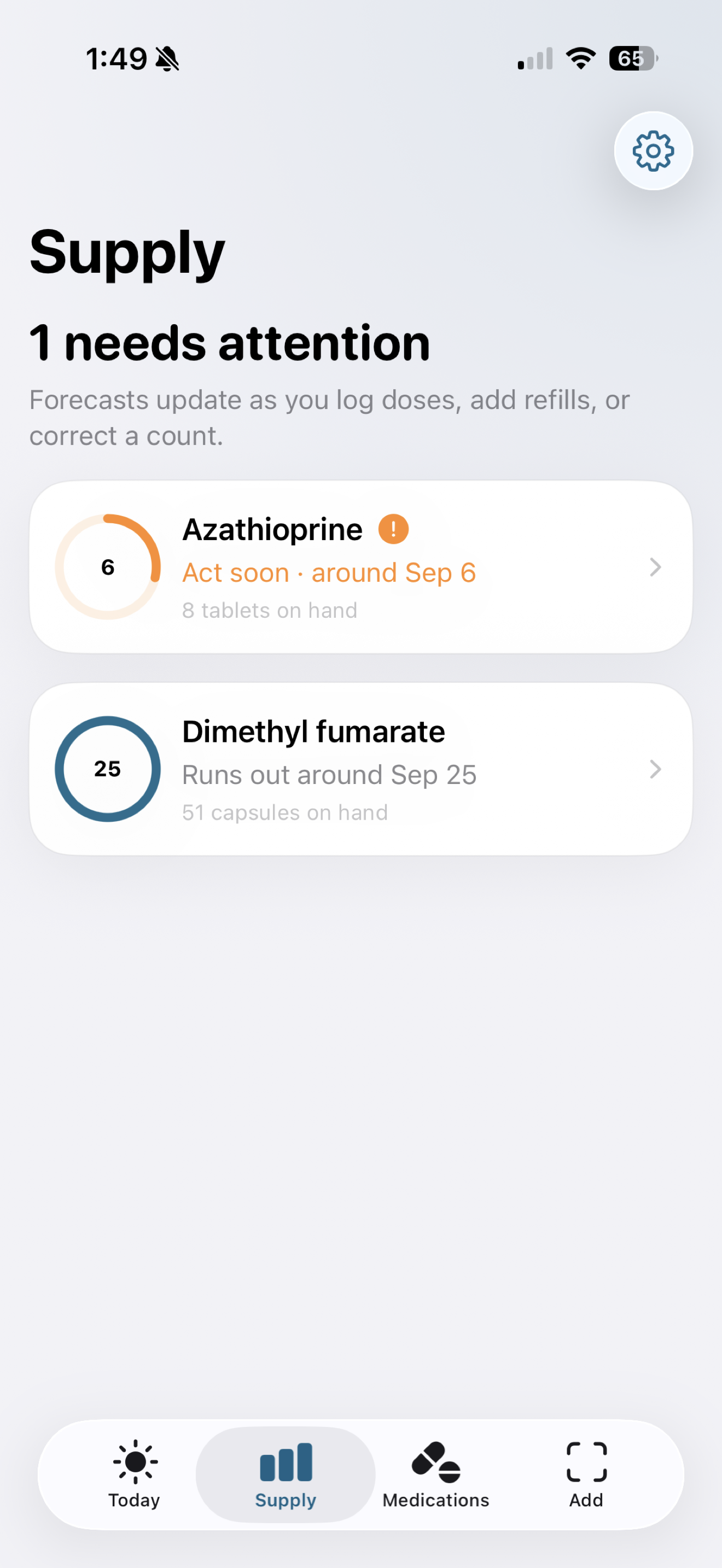 Meds Ahead’s Supply view highlights a medication needing attention and another with more supply remaining.