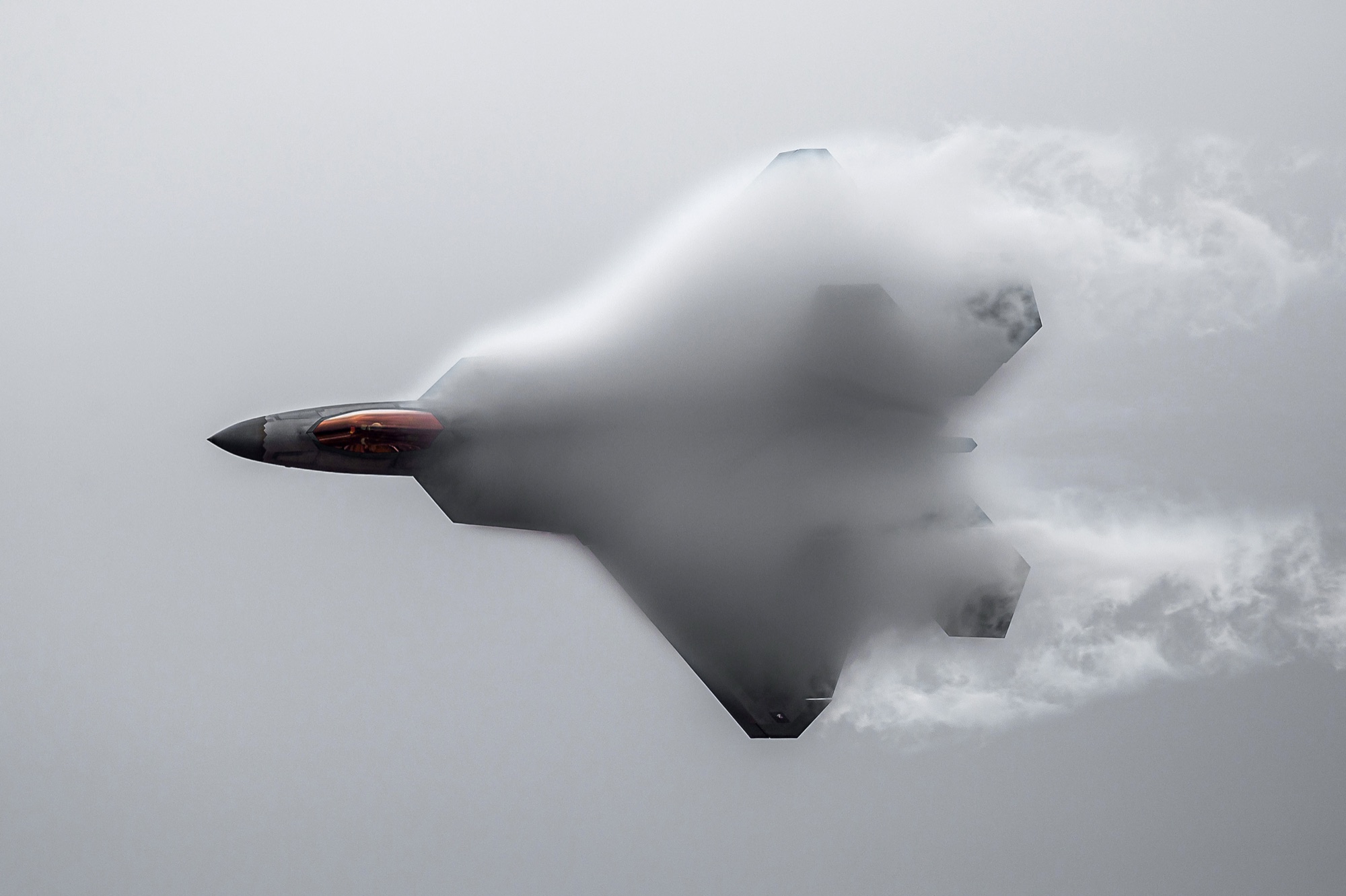 A U.S. Air Force F-22 Raptor wrapped in a condensation cloud